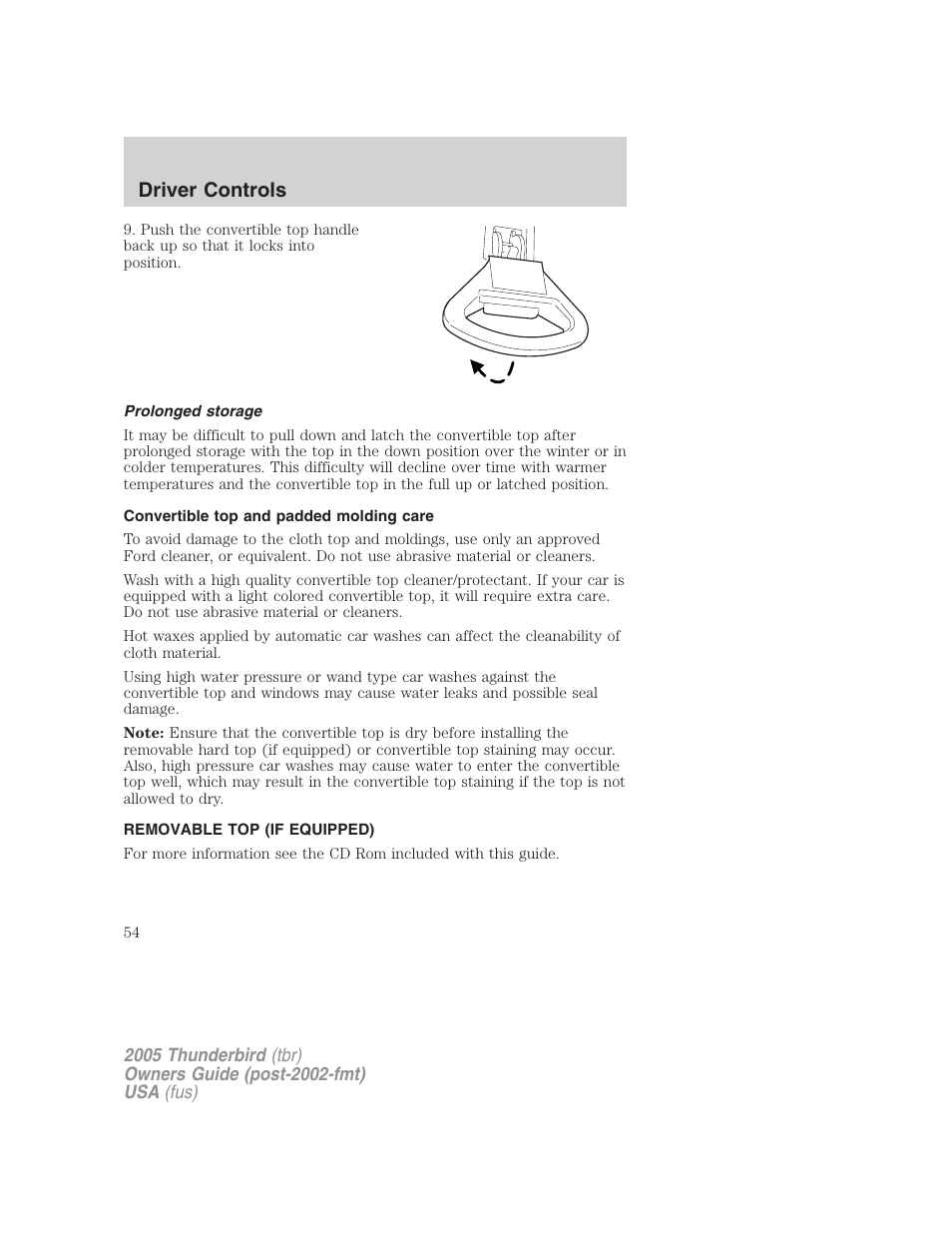 Prolonged storage, Convertible top and padded molding care, Removable top (if equipped) | Driver controls | FORD 2005 Thunderbird v.2 User Manual | Page 54 / 232