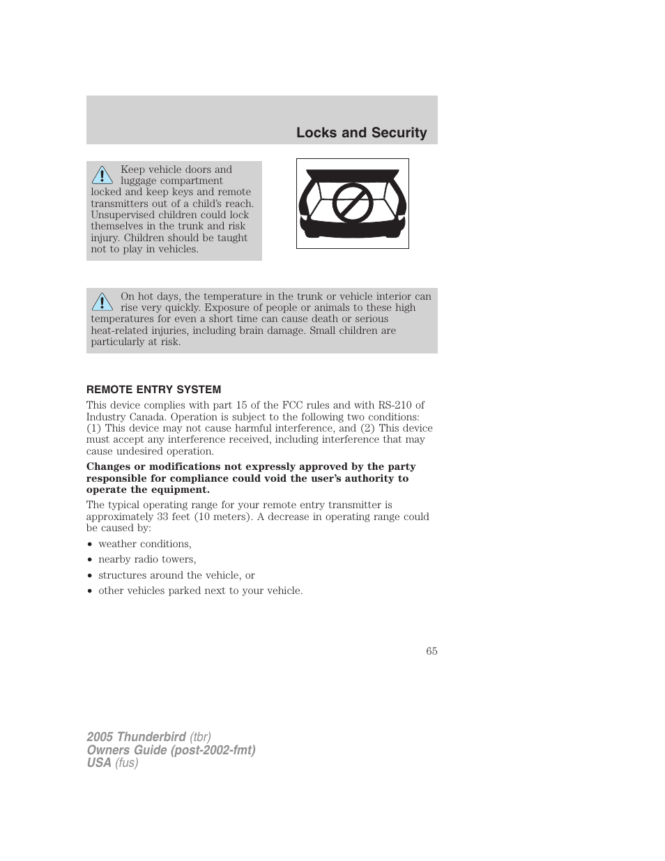 Remote entry system, Locks and security | FORD 2005 Thunderbird v.2 User Manual | Page 65 / 232