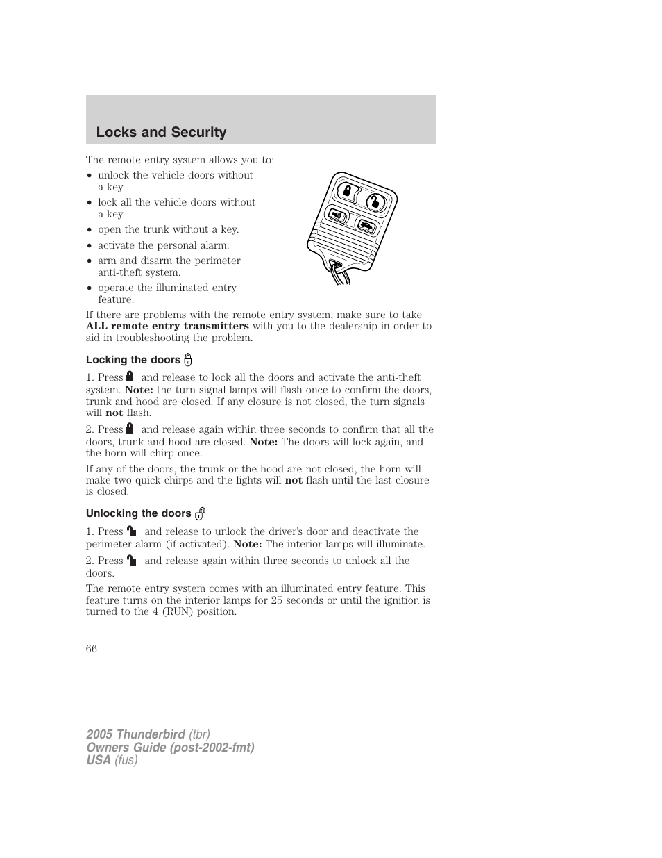 Locking the doors, Unlocking the doors, Locks and security | FORD 2005 Thunderbird v.2 User Manual | Page 66 / 232