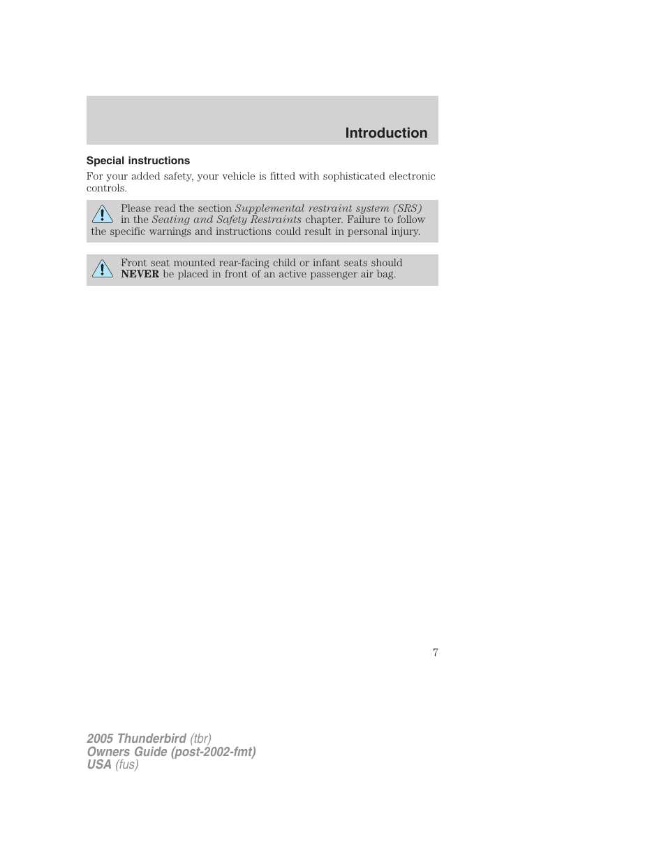 Special instructions, Introduction | FORD 2005 Thunderbird v.2 User Manual | Page 7 / 232