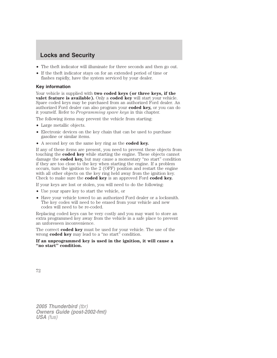 Key information, Locks and security | FORD 2005 Thunderbird v.2 User Manual | Page 72 / 232