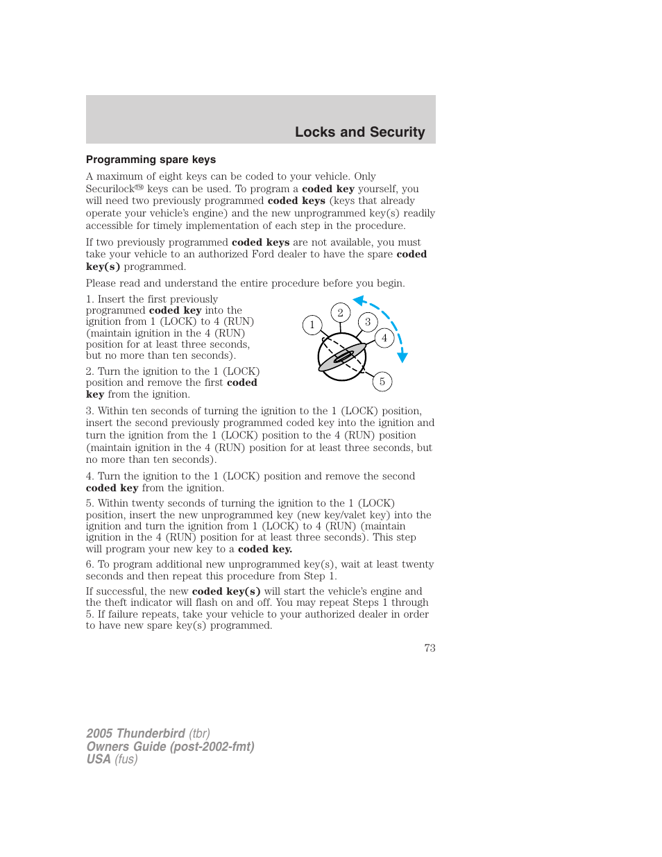 Programming spare keys, Locks and security | FORD 2005 Thunderbird v.2 User Manual | Page 73 / 232