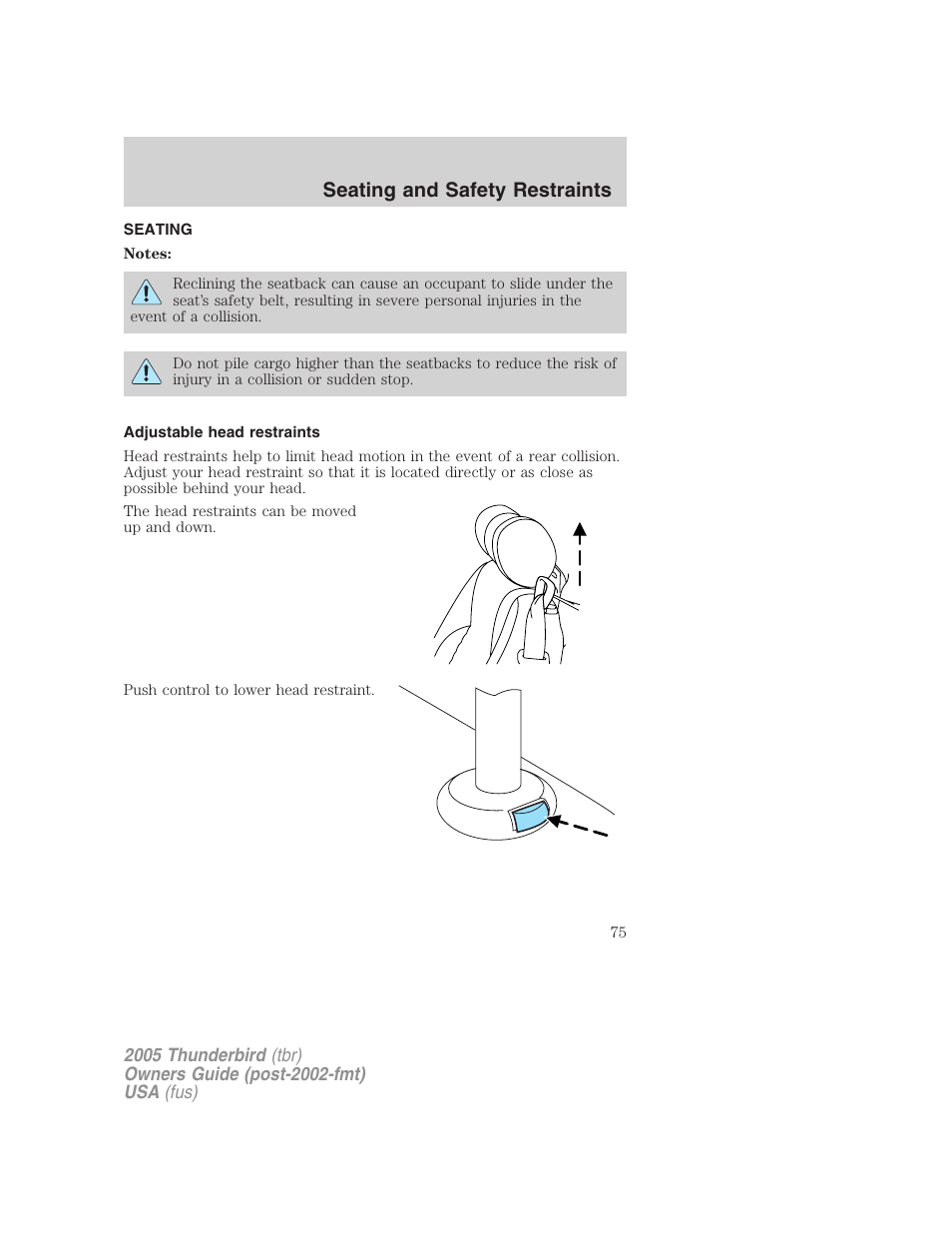 Seating and safety restraints, Seating, Adjustable head restraints | FORD 2005 Thunderbird v.2 User Manual | Page 75 / 232