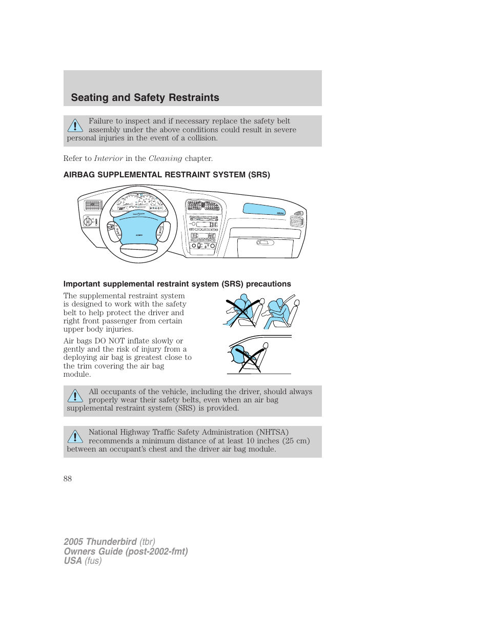 Airbag supplemental restraint system (srs), Air bags, Seating and safety restraints | FORD 2005 Thunderbird v.2 User Manual | Page 88 / 232