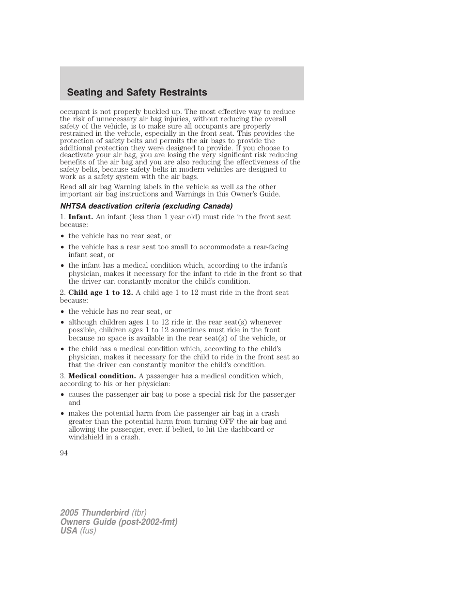 Nhtsa deactivation criteria (excluding canada), Seating and safety restraints | FORD 2005 Thunderbird v.2 User Manual | Page 94 / 232