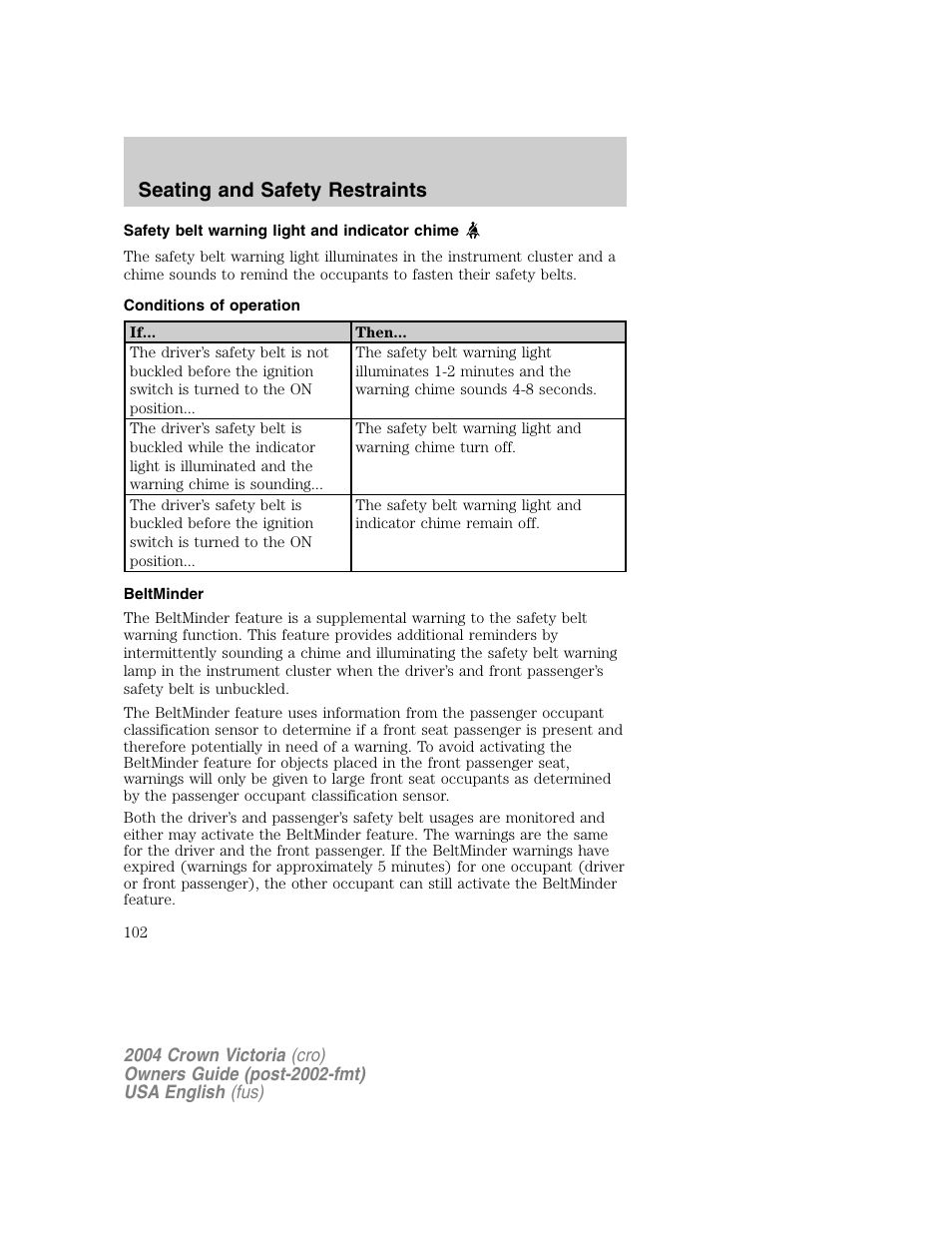 Seating and safety restraints | FORD 2004 Crown Victoria v.1 User Manual | Page 102 / 248