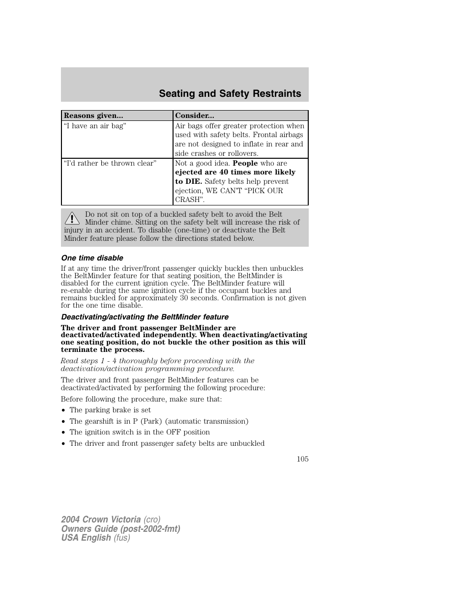 Seating and safety restraints | FORD 2004 Crown Victoria v.1 User Manual | Page 105 / 248