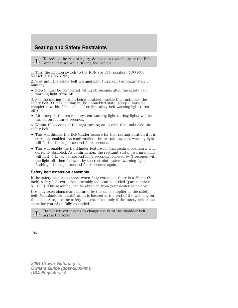 Seating and safety restraints | FORD 2004 Crown Victoria v.1 User Manual | Page 106 / 248