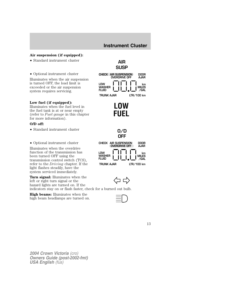 Low fuel, Instrument cluster | FORD 2004 Crown Victoria v.1 User Manual | Page 13 / 248