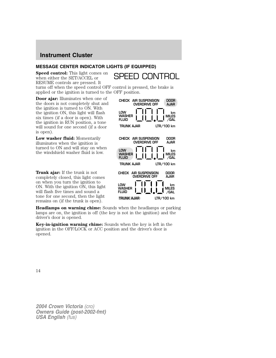 Speed control, Instrument cluster | FORD 2004 Crown Victoria v.1 User Manual | Page 14 / 248