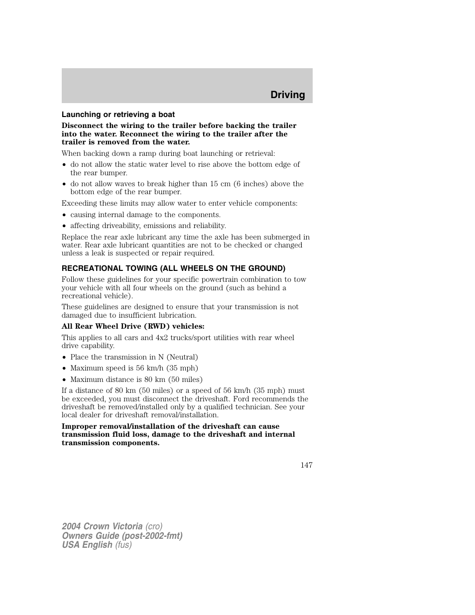 Driving | FORD 2004 Crown Victoria v.1 User Manual | Page 147 / 248