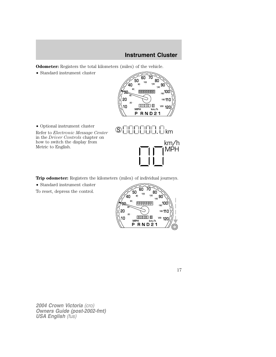 Km/h mph, Km s, Instrument cluster | FORD 2004 Crown Victoria v.1 User Manual | Page 17 / 248