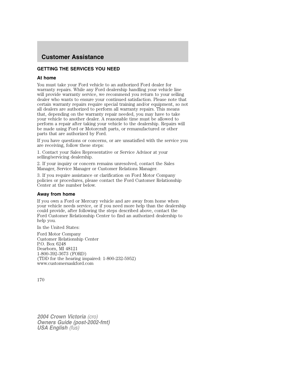 Customer assistance | FORD 2004 Crown Victoria v.1 User Manual | Page 170 / 248