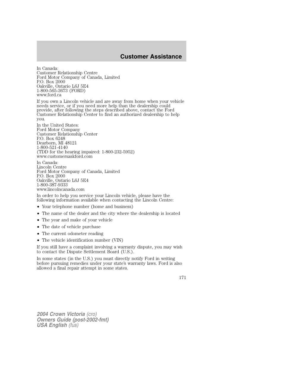 Customer assistance | FORD 2004 Crown Victoria v.1 User Manual | Page 171 / 248