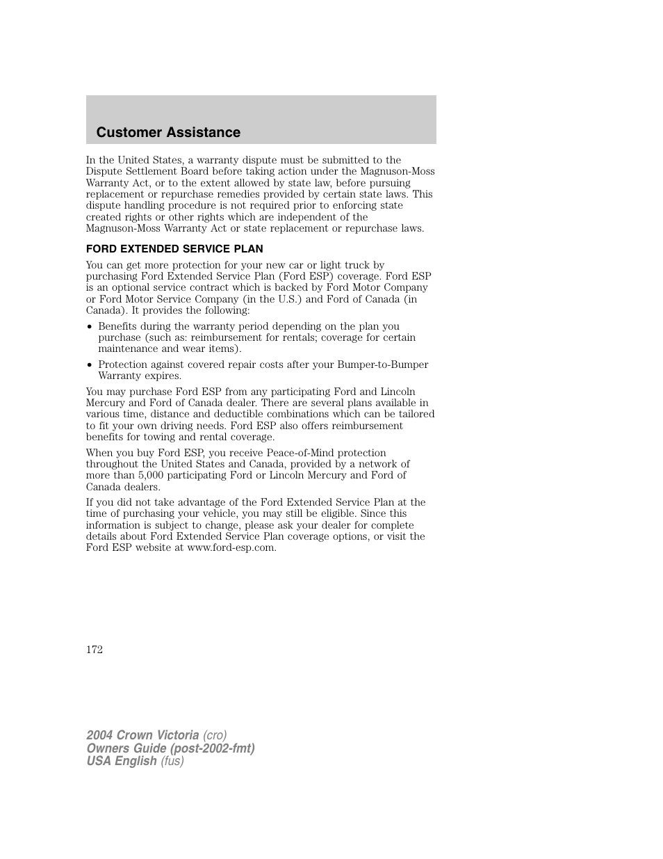 Customer assistance | FORD 2004 Crown Victoria v.1 User Manual | Page 172 / 248