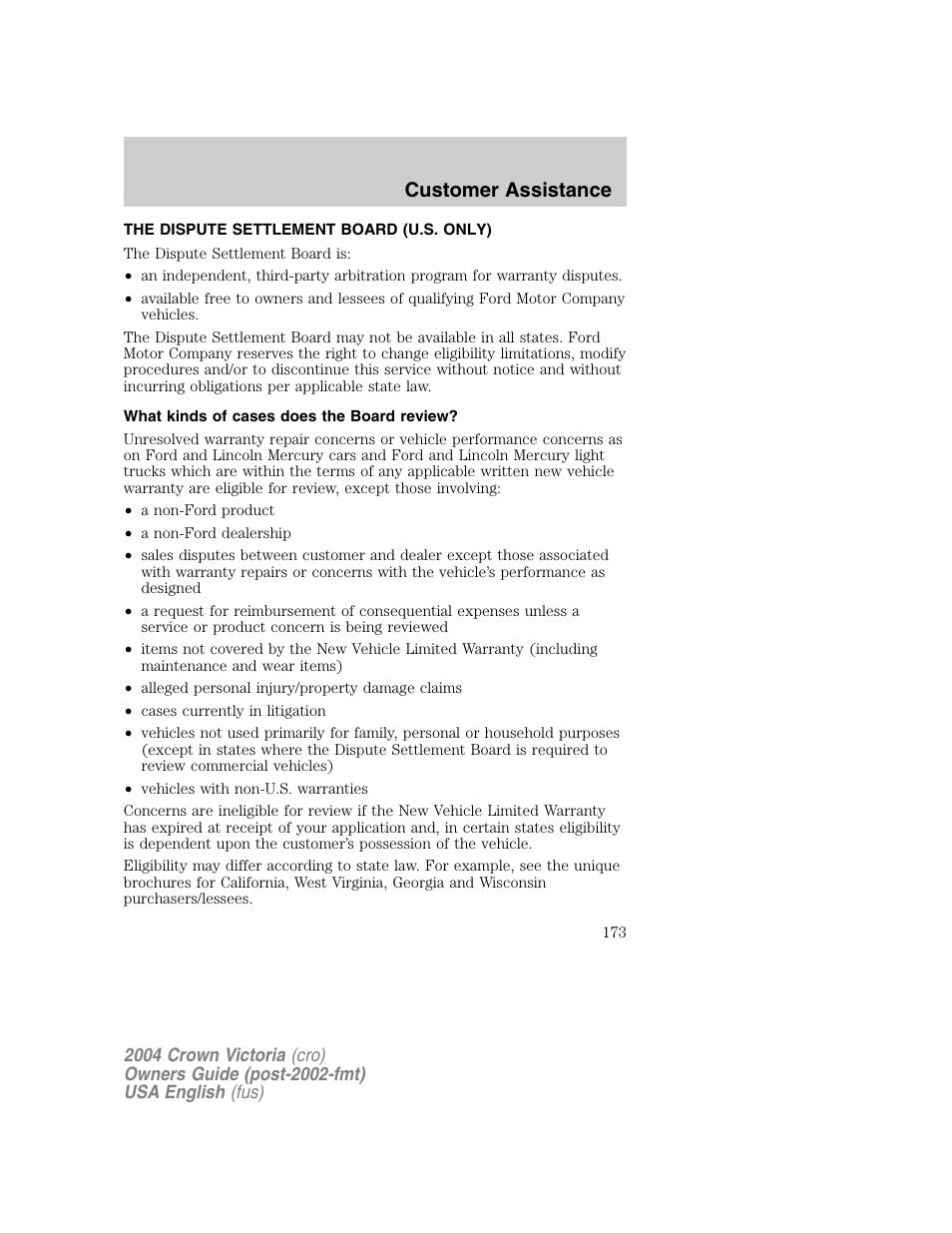 Customer assistance | FORD 2004 Crown Victoria v.1 User Manual | Page 173 / 248