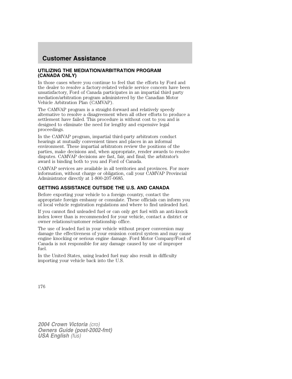 Customer assistance | FORD 2004 Crown Victoria v.1 User Manual | Page 176 / 248
