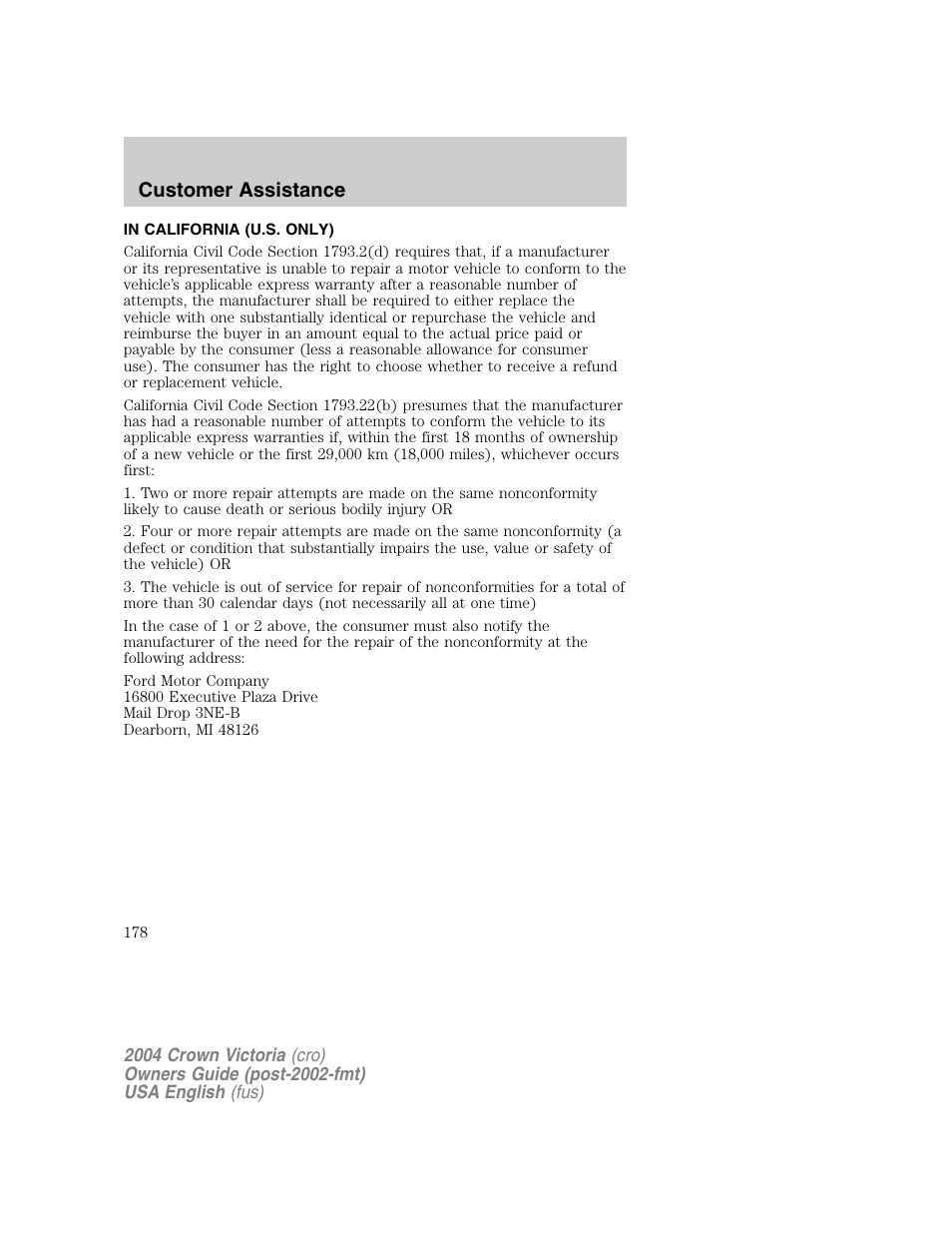 Customer assistance | FORD 2004 Crown Victoria v.1 User Manual | Page 178 / 248