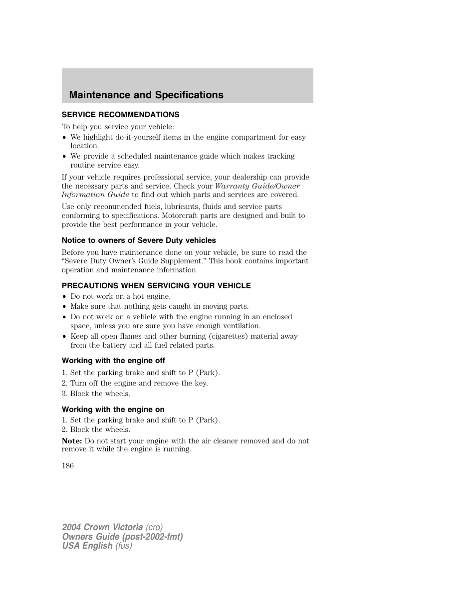 Maintenance and specifications | FORD 2004 Crown Victoria v.1 User Manual | Page 186 / 248