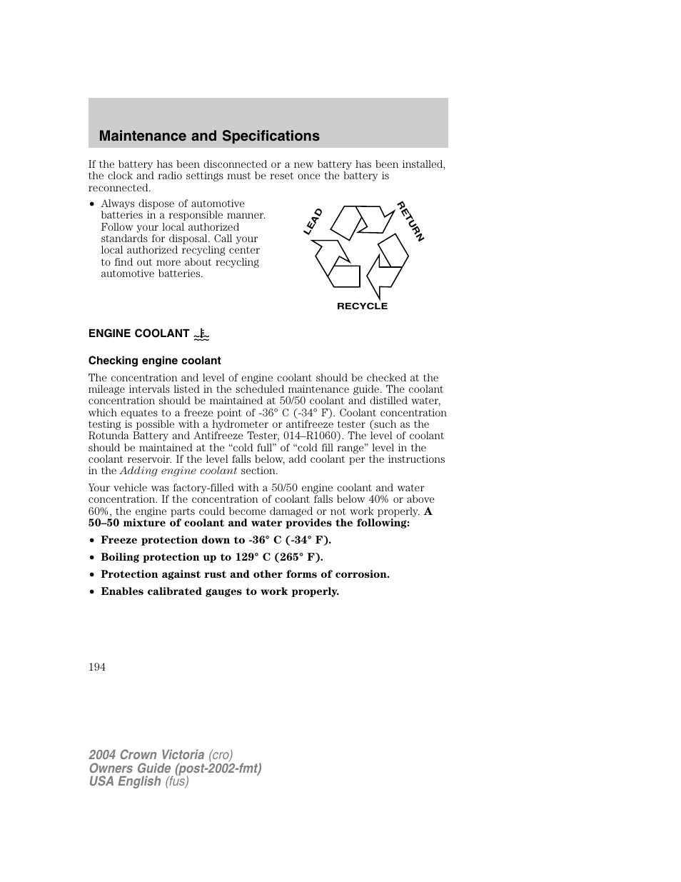 Maintenance and specifications | FORD 2004 Crown Victoria v.1 User Manual | Page 194 / 248