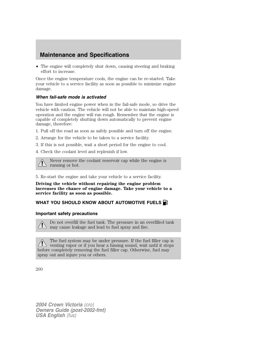 Maintenance and specifications | FORD 2004 Crown Victoria v.1 User Manual | Page 200 / 248