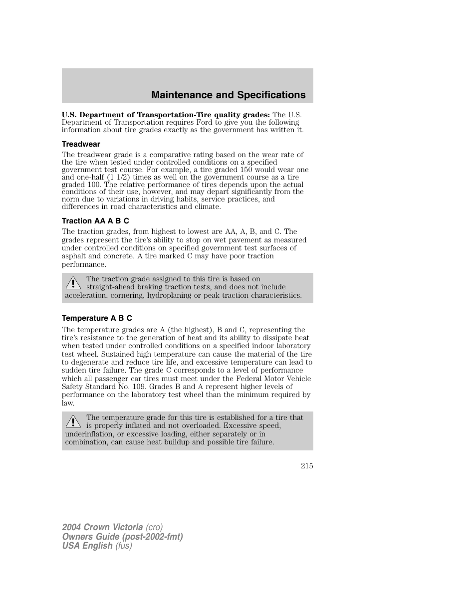 Maintenance and specifications | FORD 2004 Crown Victoria v.1 User Manual | Page 215 / 248