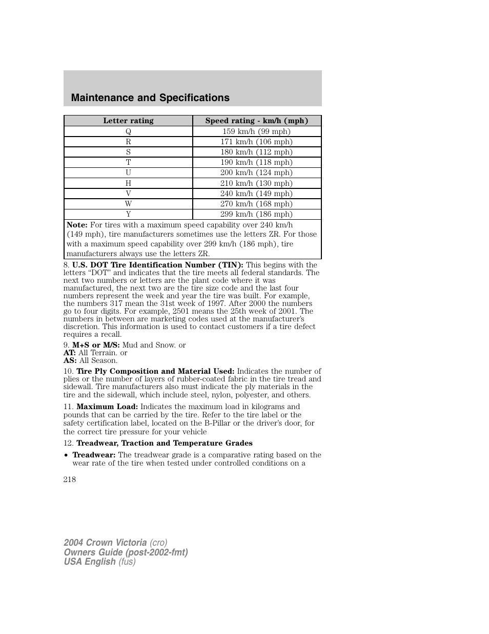 Maintenance and specifications | FORD 2004 Crown Victoria v.1 User Manual | Page 218 / 248