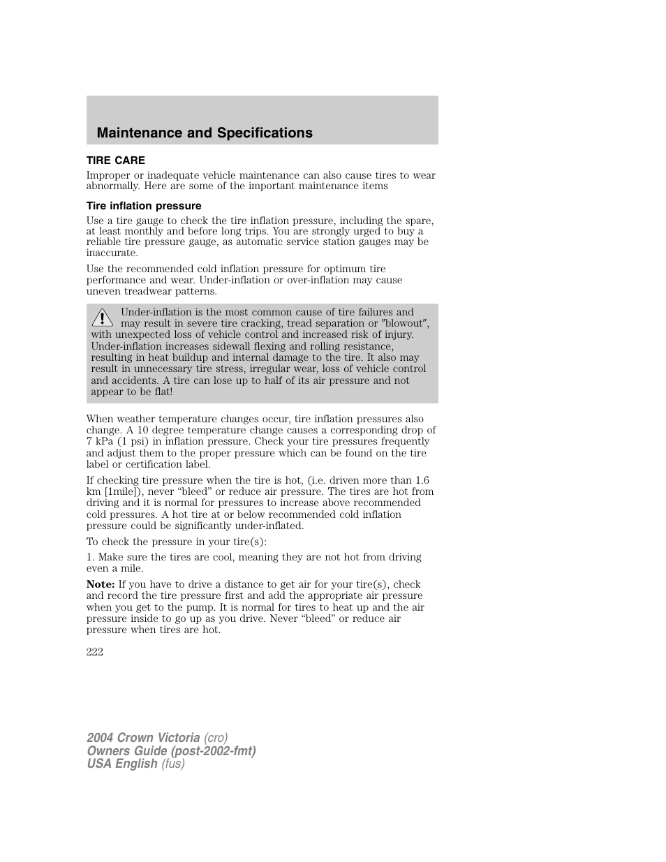 Maintenance and specifications | FORD 2004 Crown Victoria v.1 User Manual | Page 222 / 248