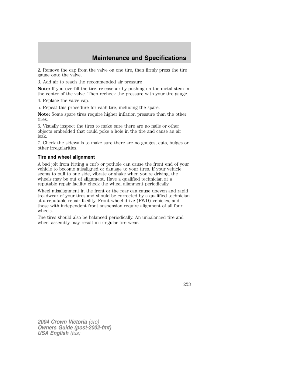 Maintenance and specifications | FORD 2004 Crown Victoria v.1 User Manual | Page 223 / 248