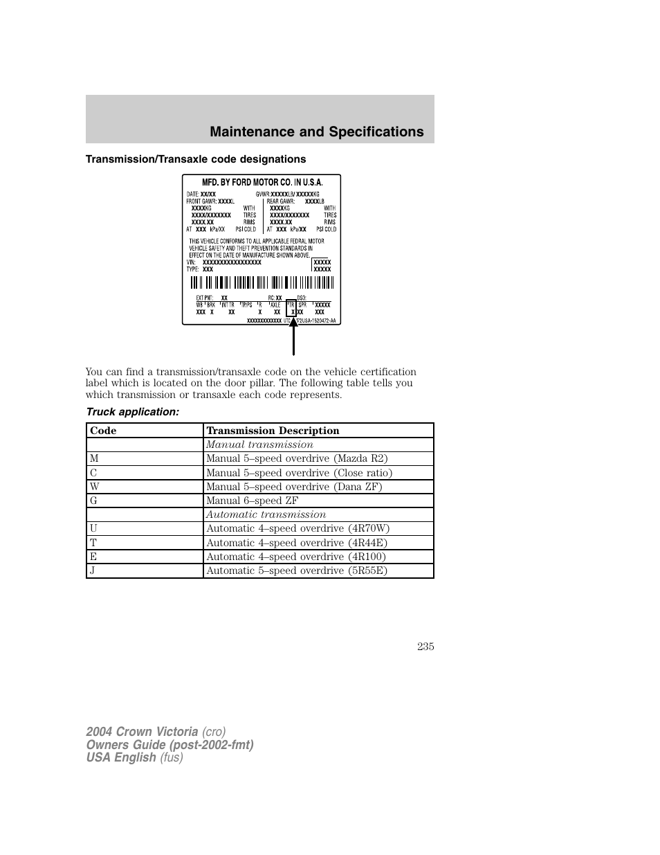 Maintenance and specifications | FORD 2004 Crown Victoria v.1 User Manual | Page 235 / 248