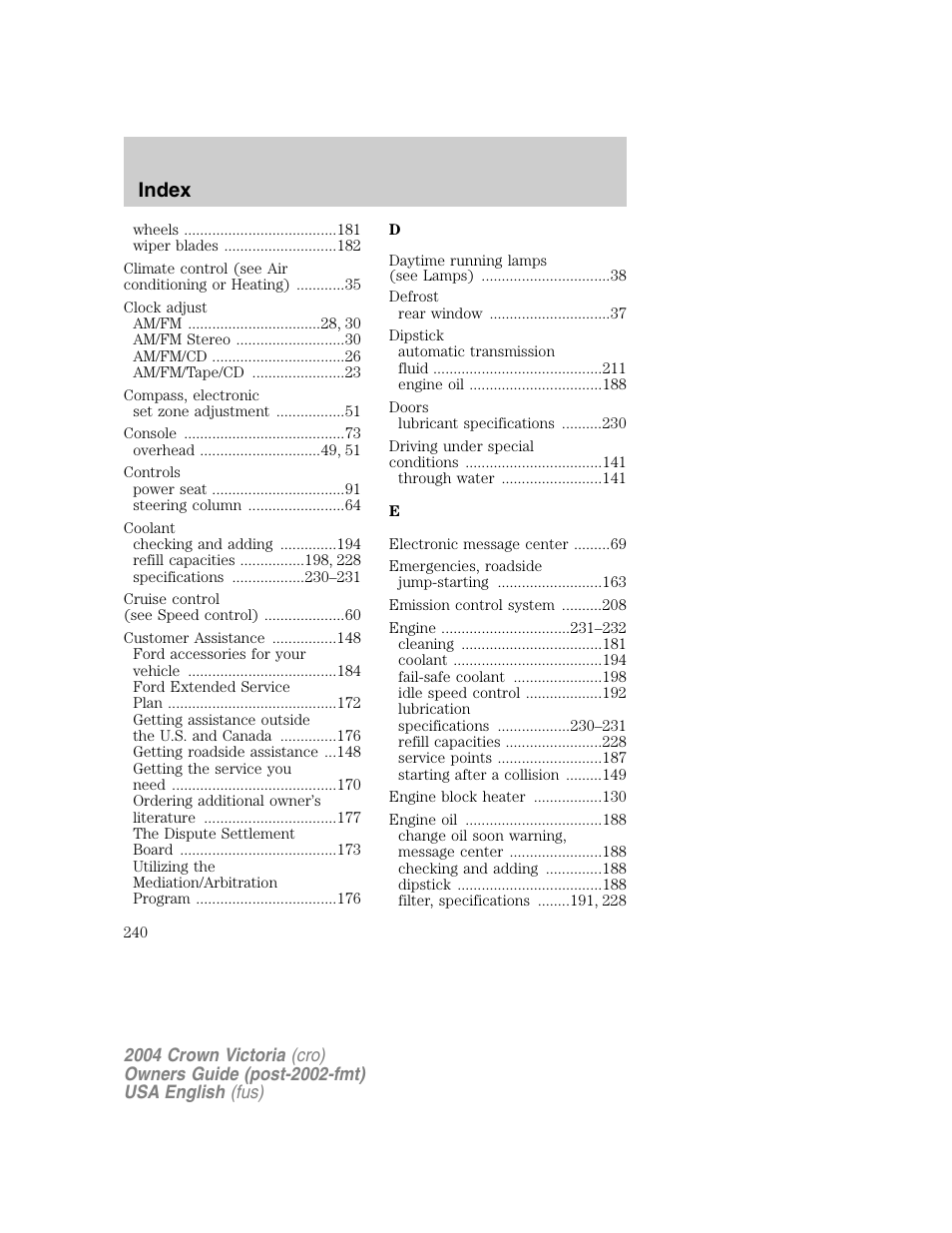 Index | FORD 2004 Crown Victoria v.1 User Manual | Page 240 / 248