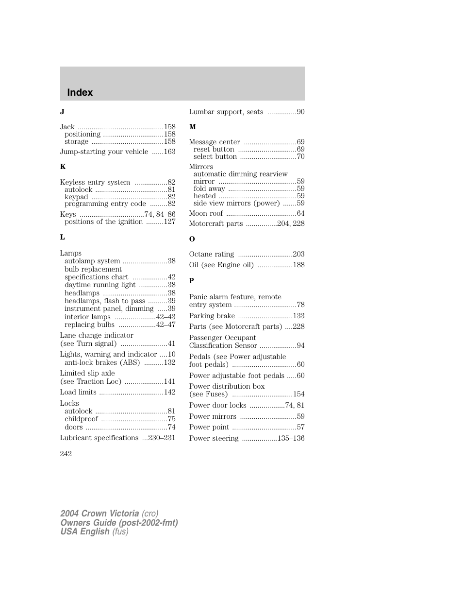 Index | FORD 2004 Crown Victoria v.1 User Manual | Page 242 / 248