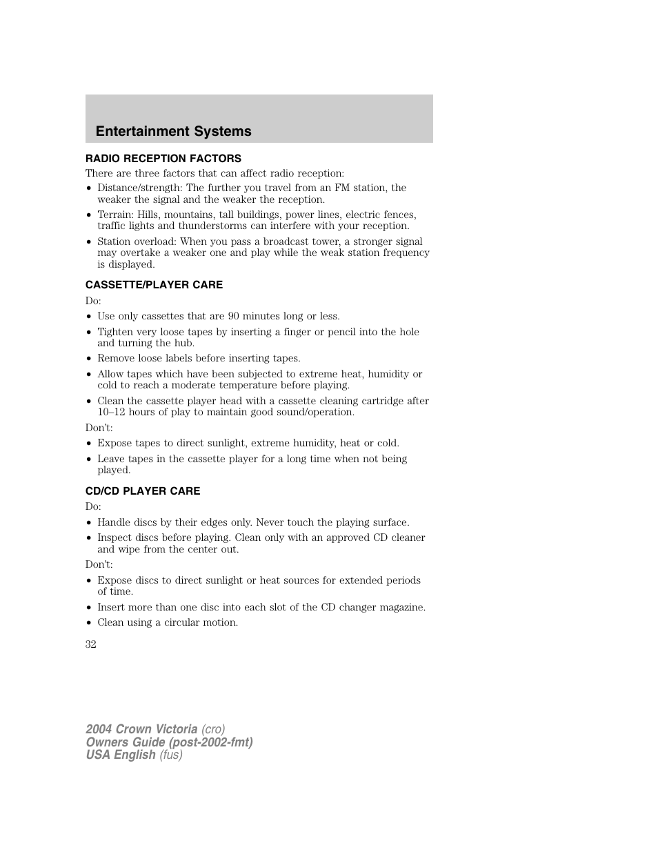 Entertainment systems | FORD 2004 Crown Victoria v.1 User Manual | Page 32 / 248