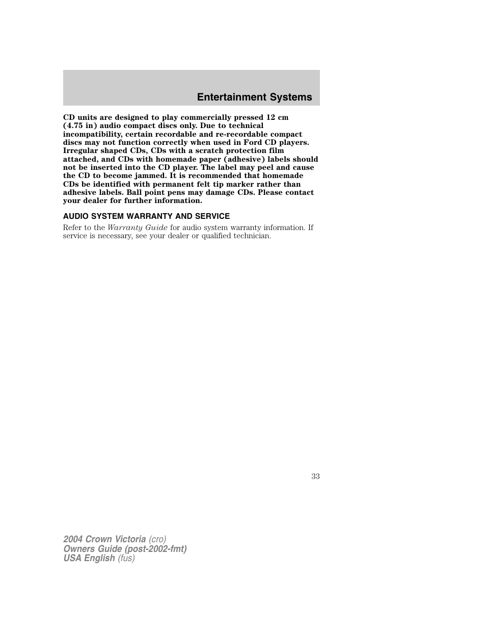 Entertainment systems | FORD 2004 Crown Victoria v.1 User Manual | Page 33 / 248