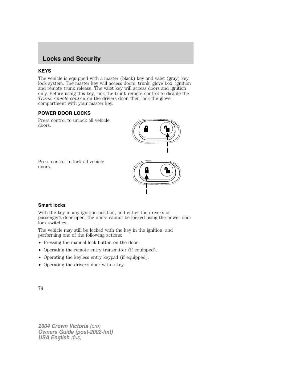 Locks and security | FORD 2004 Crown Victoria v.1 User Manual | Page 74 / 248