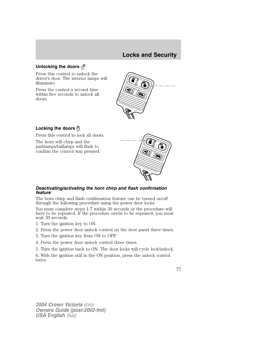 Locks and security | FORD 2004 Crown Victoria v.1 User Manual | Page 77 / 248