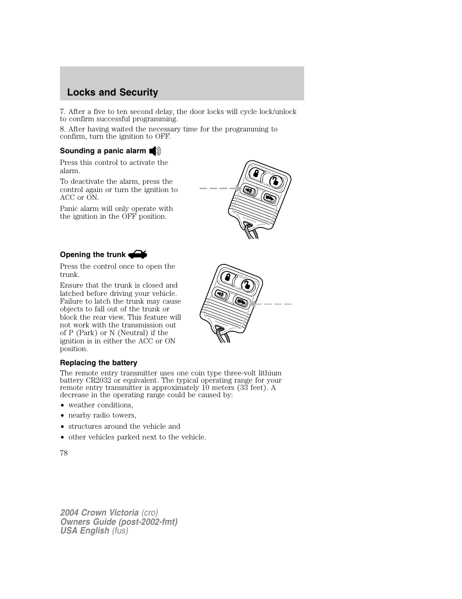 Locks and security | FORD 2004 Crown Victoria v.1 User Manual | Page 78 / 248