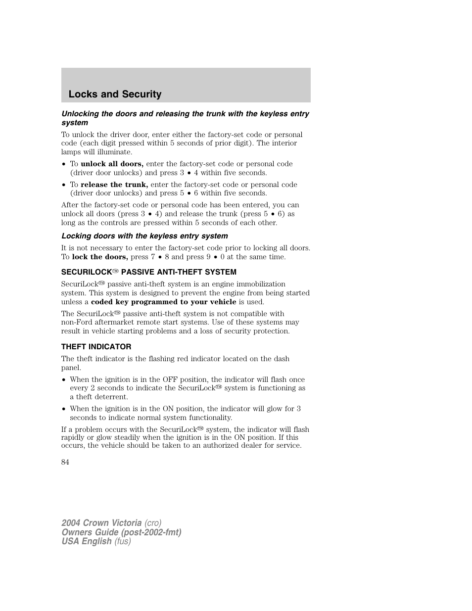 Locks and security | FORD 2004 Crown Victoria v.1 User Manual | Page 84 / 248