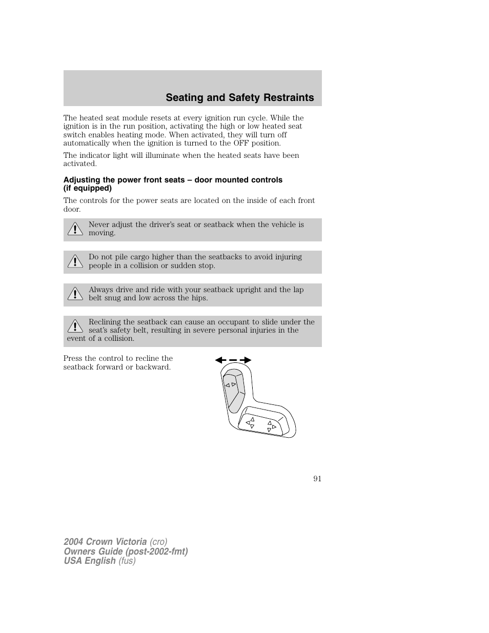 Seating and safety restraints | FORD 2004 Crown Victoria v.1 User Manual | Page 91 / 248