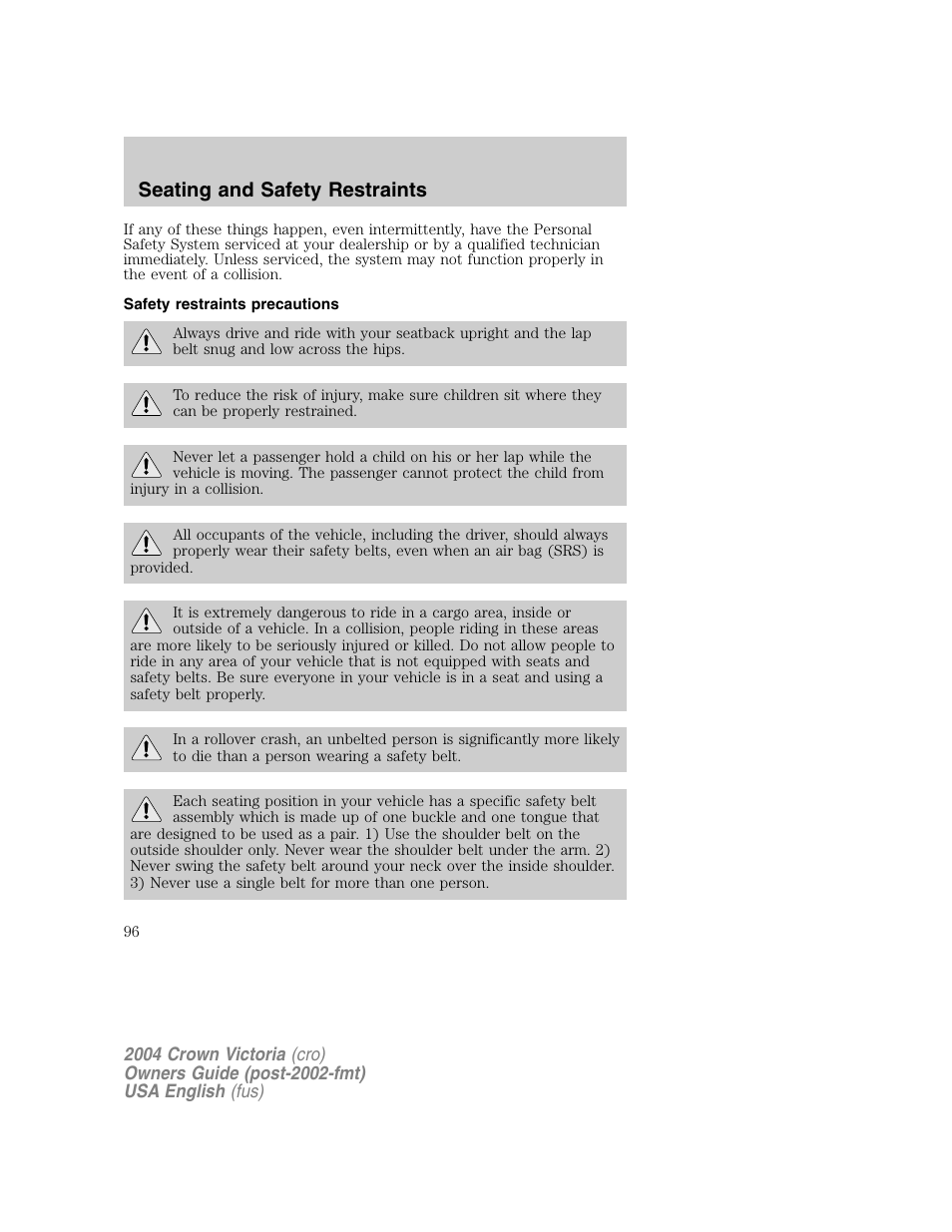 Seating and safety restraints | FORD 2004 Crown Victoria v.1 User Manual | Page 96 / 248