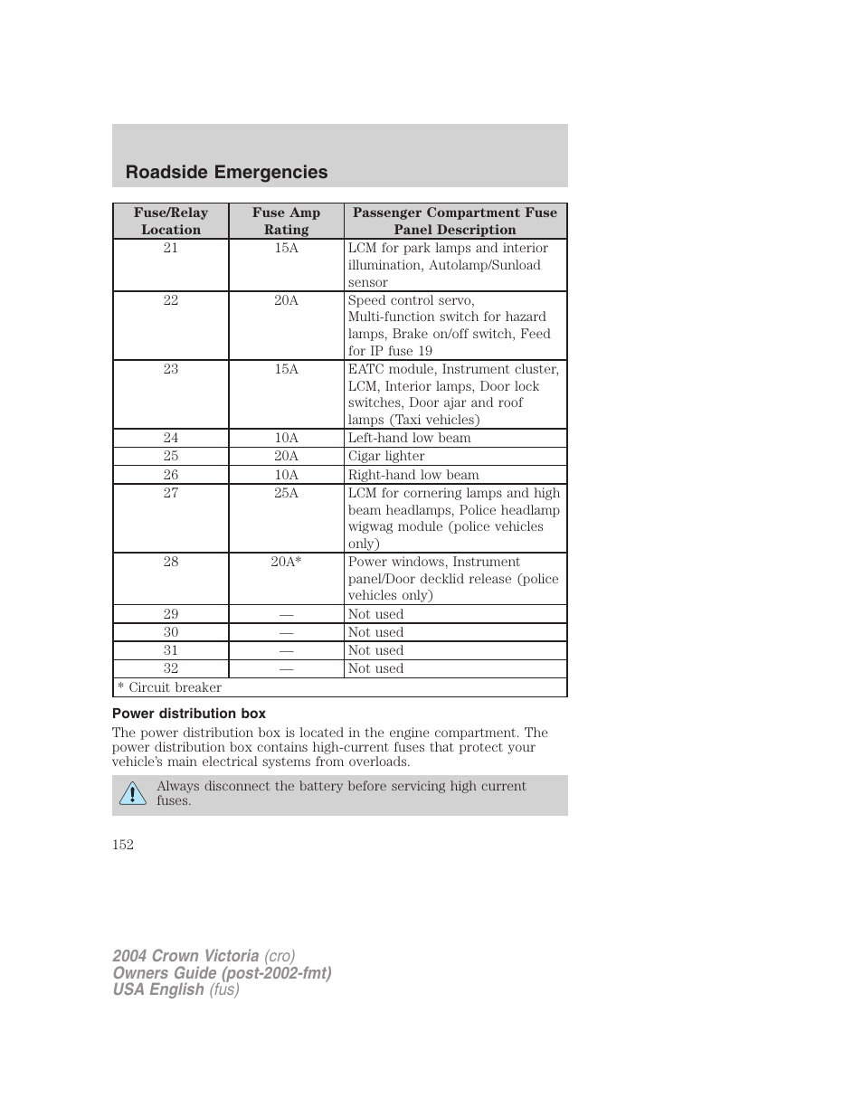 Roadside emergencies | FORD 2004 Crown Victoria v.2 User Manual | Page 152 / 248