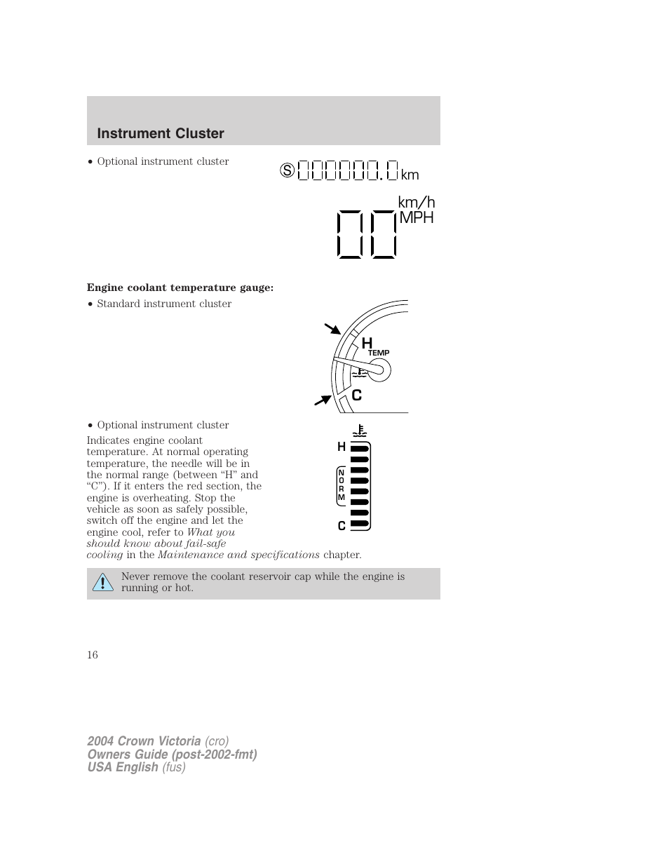 Km/h mph, Km s, Instrument cluster | FORD 2004 Crown Victoria v.2 User Manual | Page 16 / 248