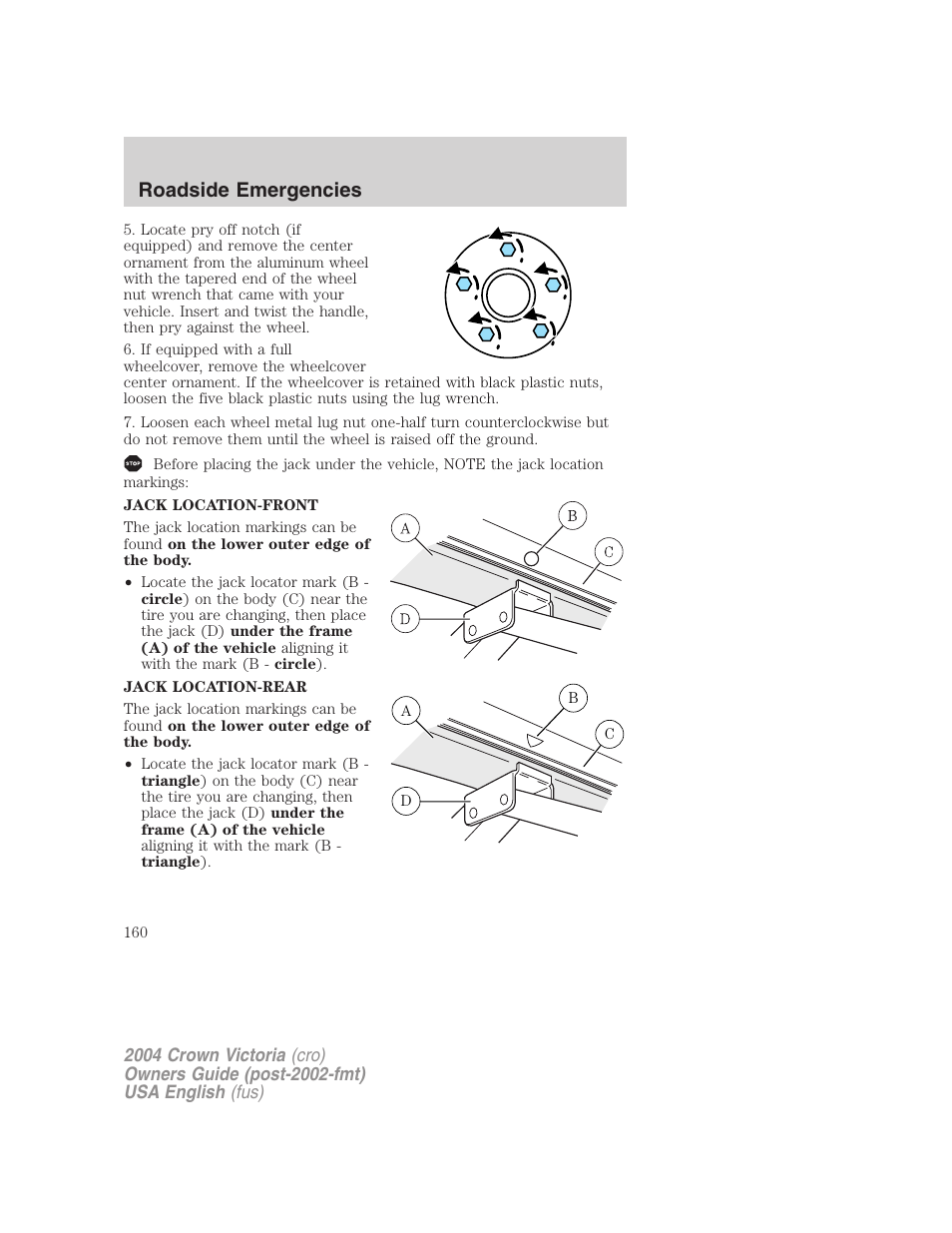 Roadside emergencies | FORD 2004 Crown Victoria v.2 User Manual | Page 160 / 248