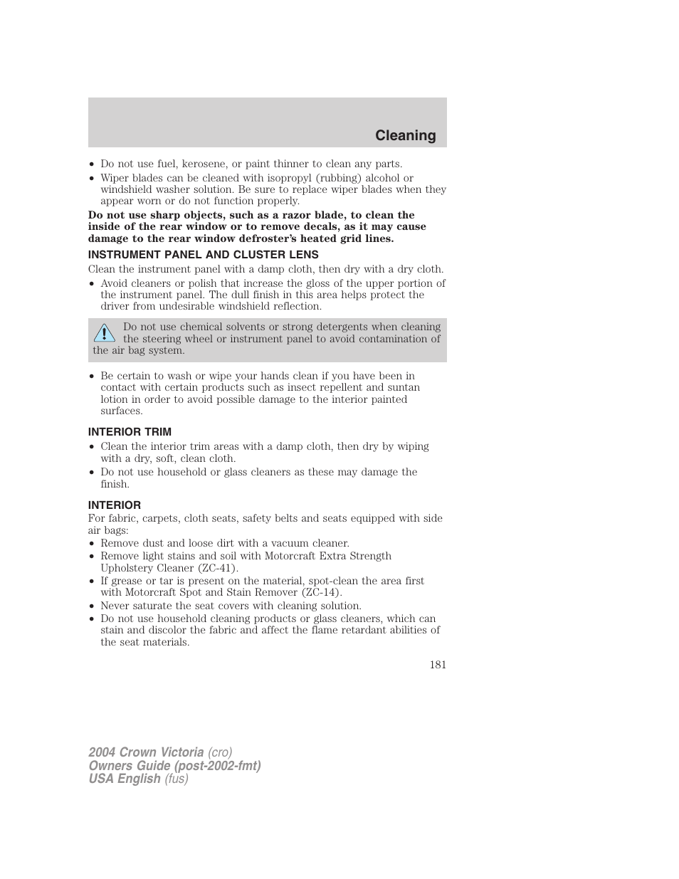 Cleaning | FORD 2004 Crown Victoria v.2 User Manual | Page 181 / 248