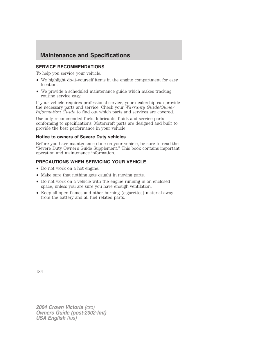 Maintenance and specifications | FORD 2004 Crown Victoria v.2 User Manual | Page 184 / 248