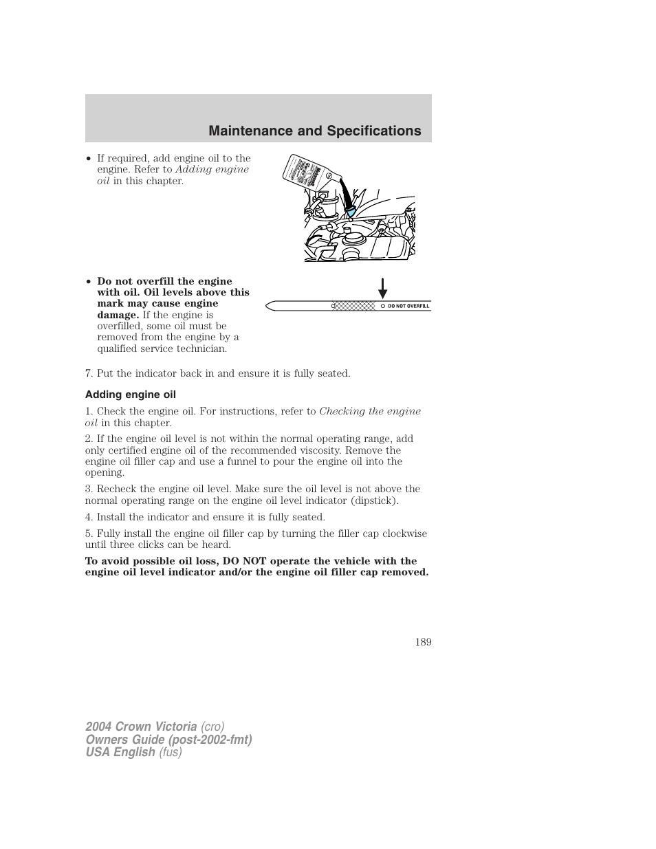 Maintenance and specifications | FORD 2004 Crown Victoria v.2 User Manual | Page 189 / 248