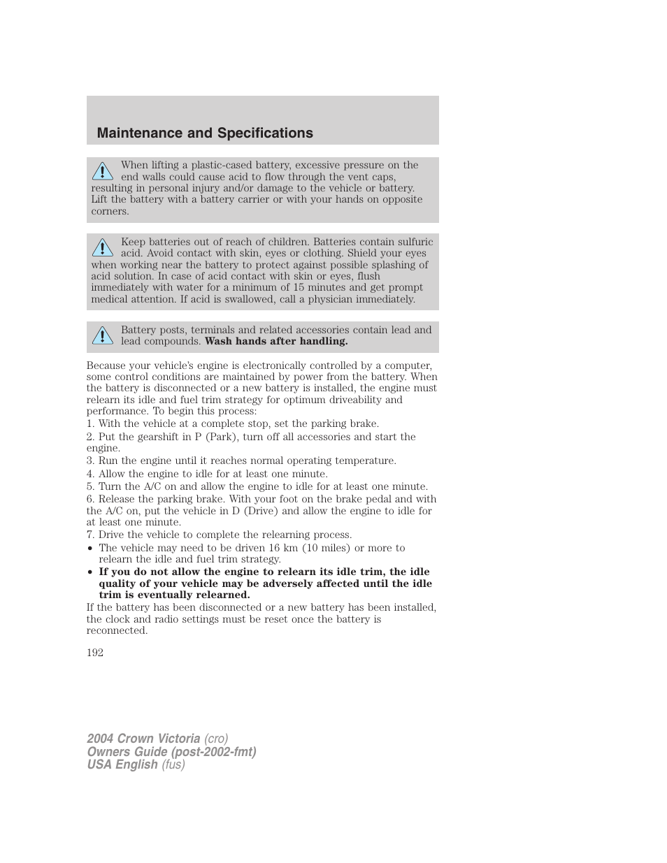 Maintenance and specifications | FORD 2004 Crown Victoria v.2 User Manual | Page 192 / 248