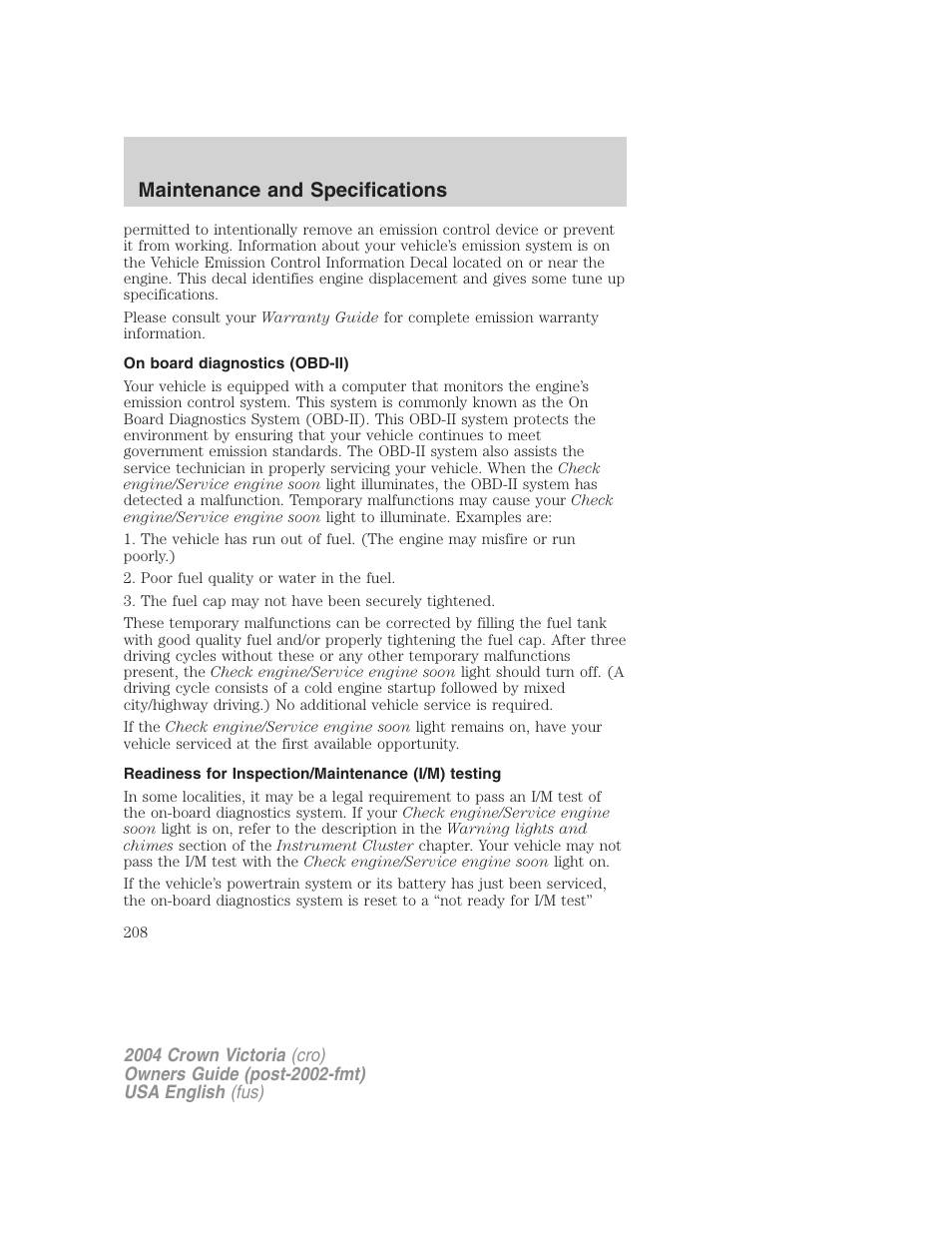 Maintenance and specifications | FORD 2004 Crown Victoria v.2 User Manual | Page 208 / 248