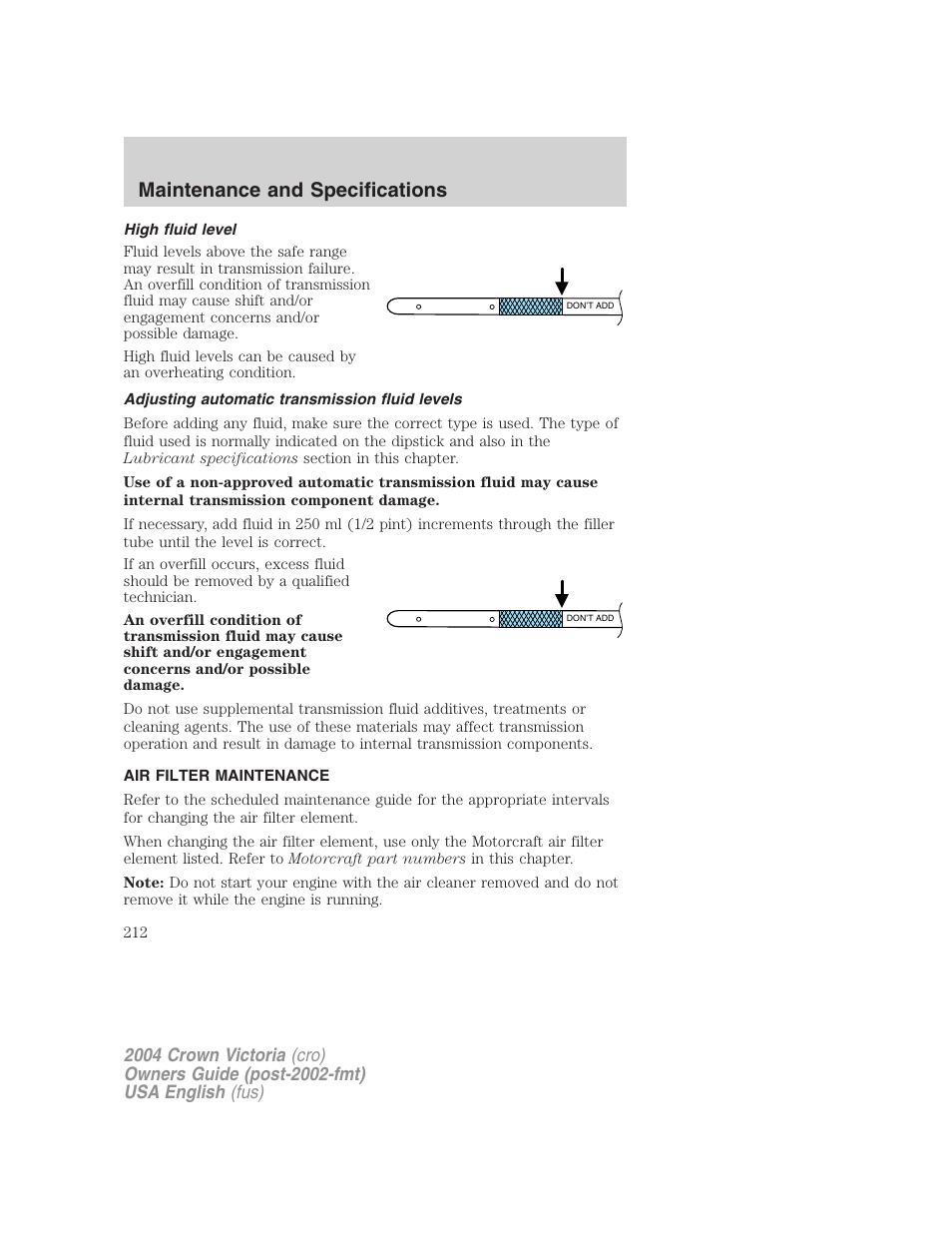 Maintenance and specifications | FORD 2004 Crown Victoria v.2 User Manual | Page 212 / 248