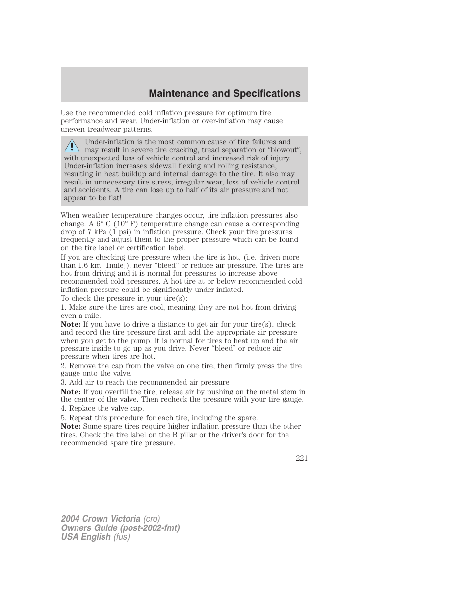 Maintenance and specifications | FORD 2004 Crown Victoria v.2 User Manual | Page 221 / 248